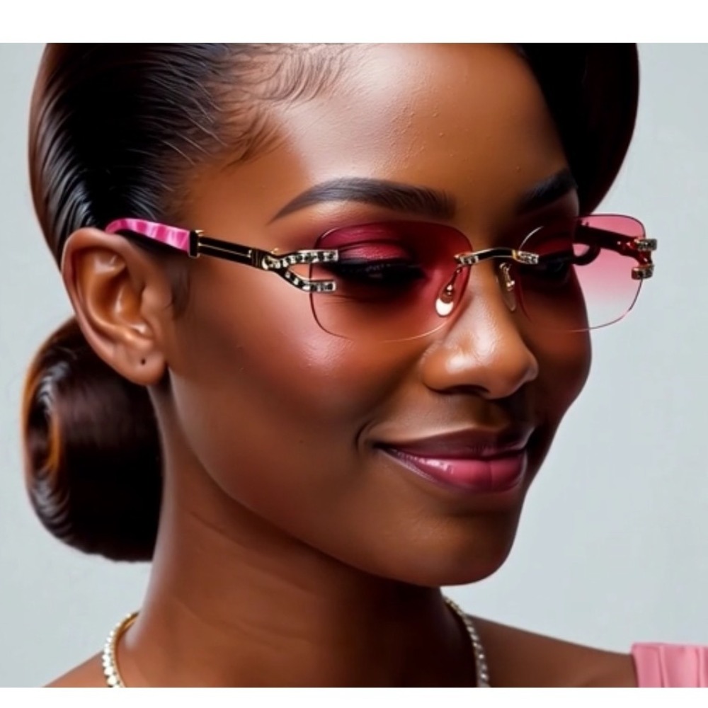 Women's Frameless Pink Oceanic Lens Fashion‎ Sunglasses Rhinestone Beach Style